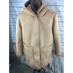 Ladies A.N.A. Faux Suade Tan Hooded Coat Large